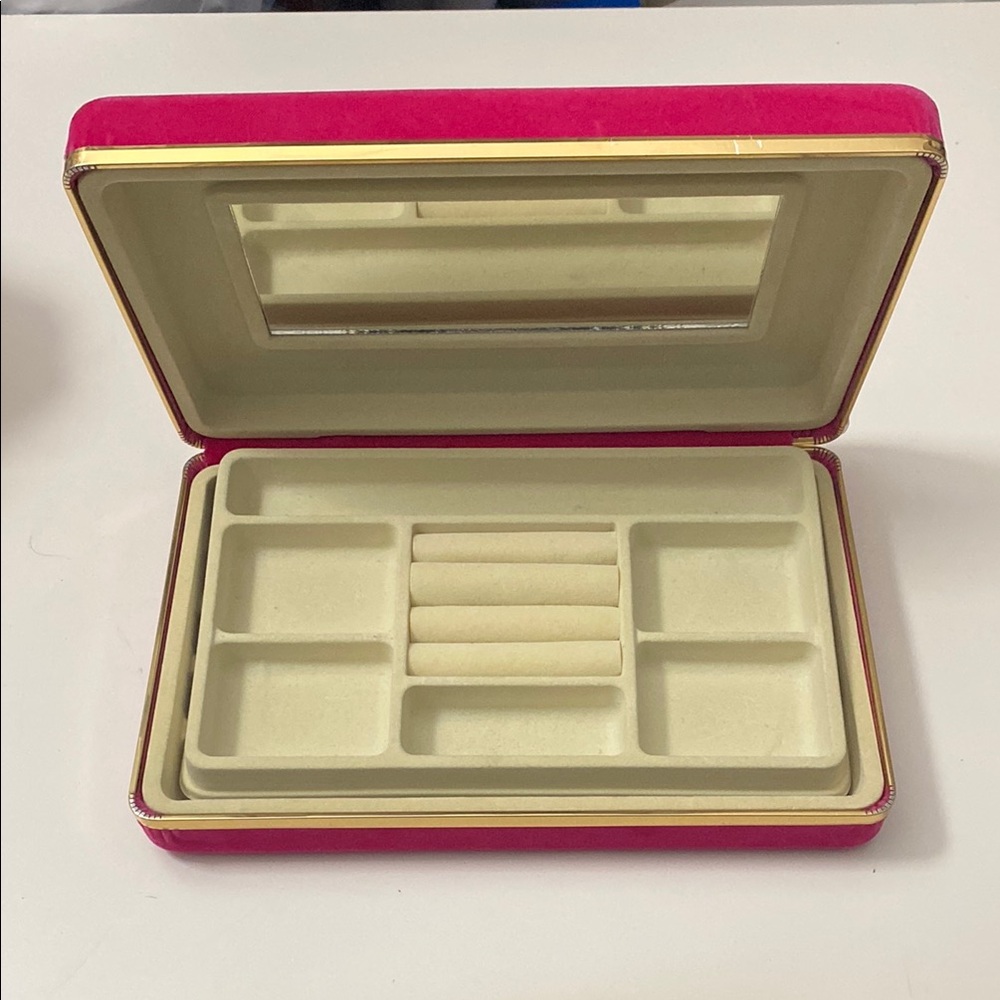 Vtg Pink Velour Clamshell Jewelry Box Plastic Tray Mirror Travel Case 10 x 6 1/2